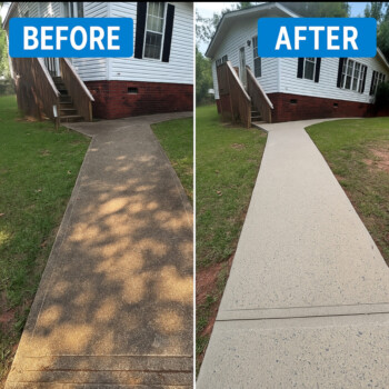 Side-by-side comparison of a sidewalk before and after resurfacing, showing old, worn concrete and new, clean concrete.