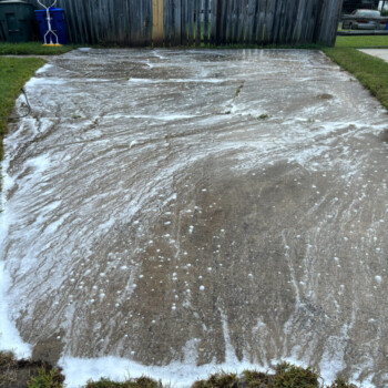A concrete driveway covered in soapy water with grass on the sides and a wooden fence in the background.