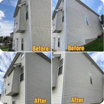Side-by-side comparison of a house exterior before and after cleaning; siding appears noticeably cleaner in the after images.