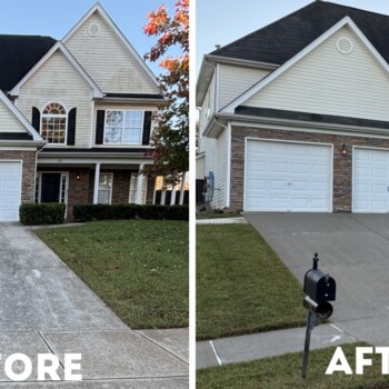 Side-by-side photos of a house showing the driveway before and after it has been replaced with new concrete.