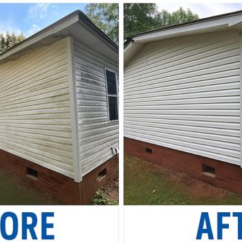 Side-by-side comparison of a house before and after exterior cleaning, showing dirty vs. clean siding.