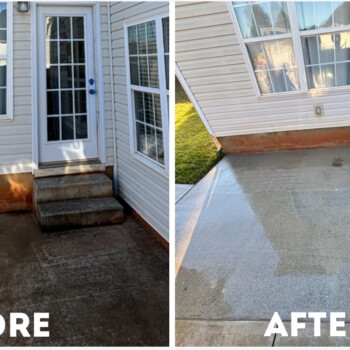 Side-by-side view of a patio before and after cleaning; the surface is noticeably cleaner in the "after" image.